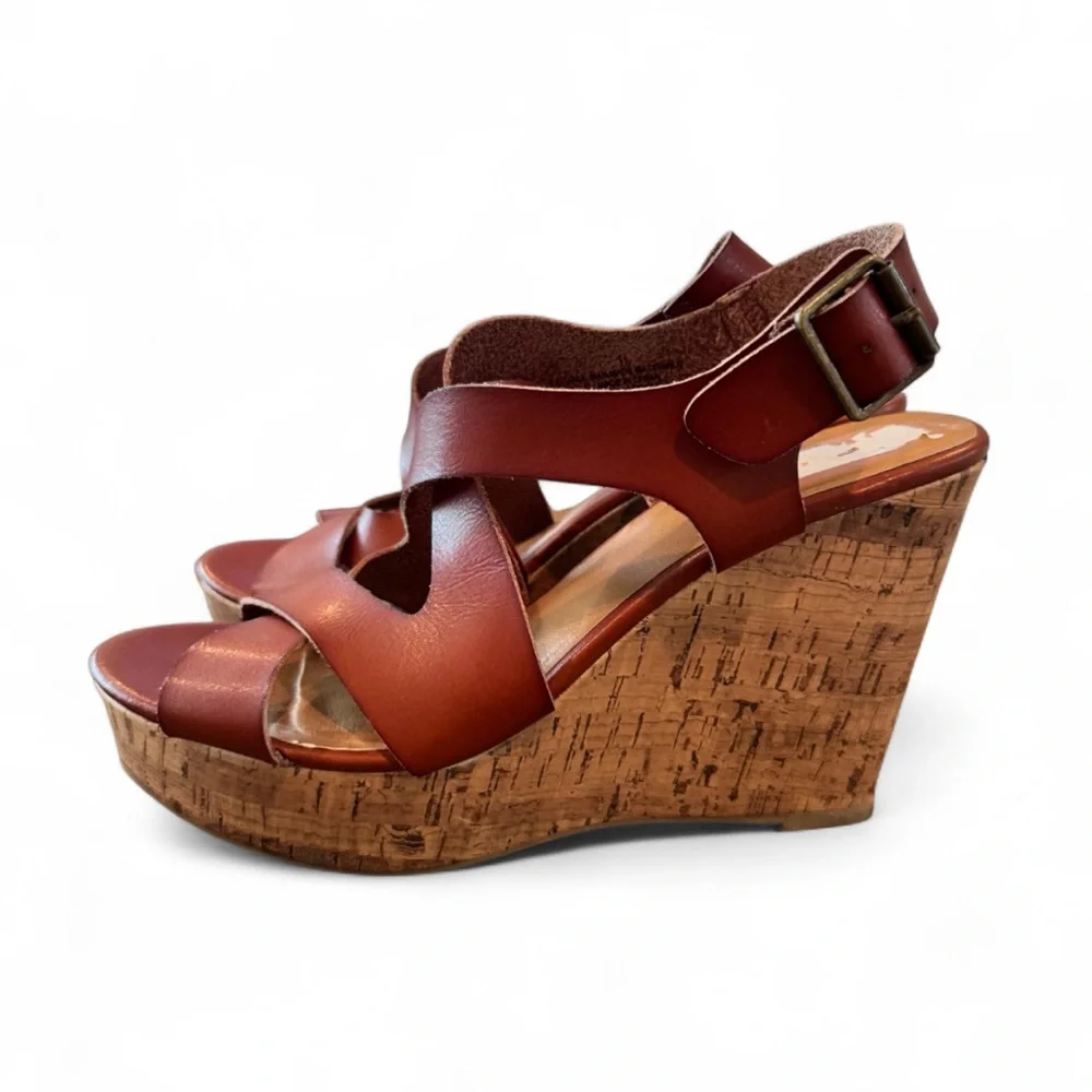 Mossimo Supply Co Brown Strappy Platform Wedge Sandals Size 11 Boho Cork Heel
